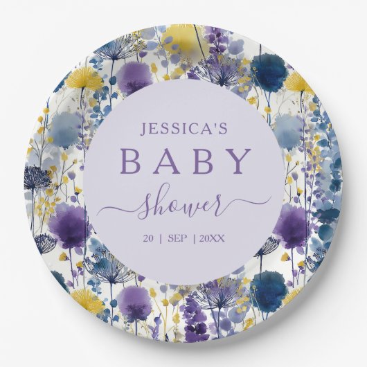 Lila Gelbe Wildblume Kinderdusche Pappteller (Vorderseite)