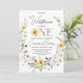 Lila Gelbe Wildblumen 1. Geburtstag Einladung (Stehend Vorderseite)