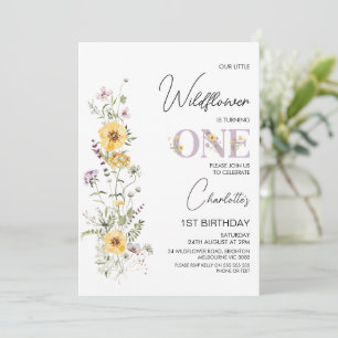 Lila-Gelbe Wildblumen Bouquet 1. Geburtstag Einladung