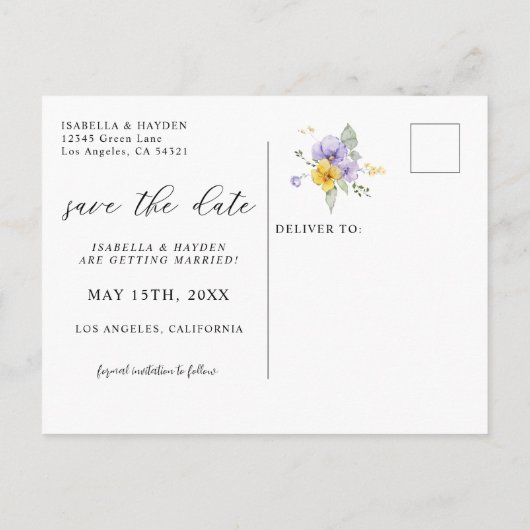 Lila Gelber Lavendel Lilac Save the Date Ankündigungspostkarte (Rückseite)