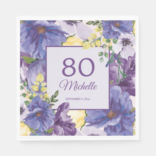 Lila Gelbes Aquarell Floral 80. Geburtstag Serviette (Vorderseite)