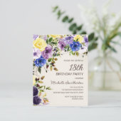 Lila Gelbes Aquarellblütenblatt 18. Geburtstag Einladung (Stehend Vorderseite)
