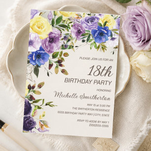 Lila Gelbes Aquarellblütenblatt 18. Geburtstag Einladung