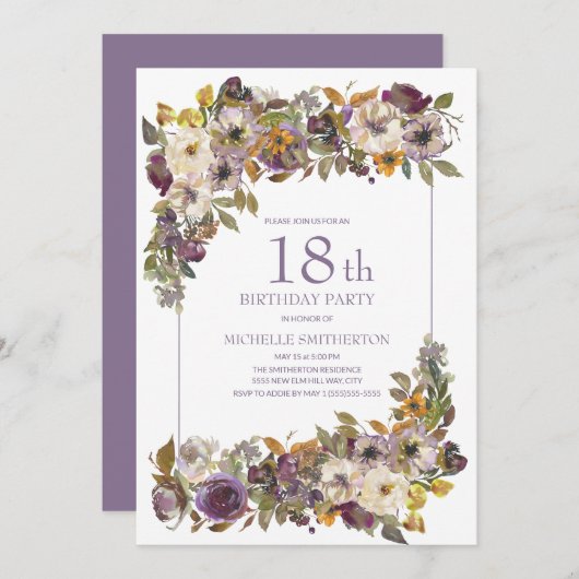 Lila-gelbes Elfenbeinblütenblatt 18. Geburtstag Einladung (Vorne/Hinten)