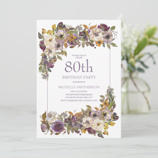 Lila-gelbes Elfenbeinblütenblatt 80. Geburtstag Einladung (Stehend Vorderseite)