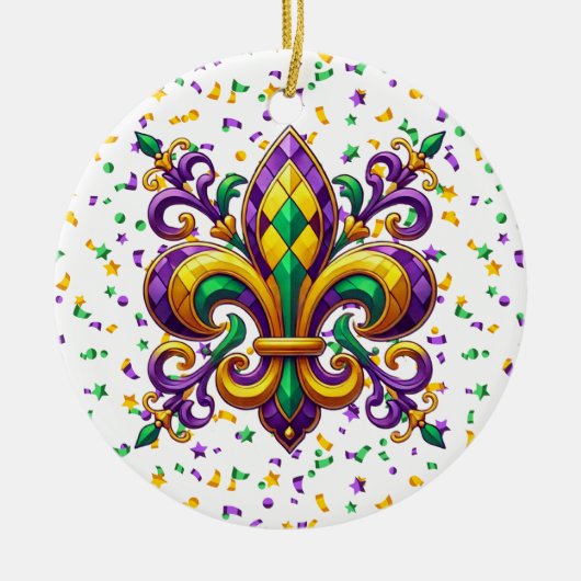 Lila-Gelbgrün Mardi Gras Lilie Keramik Ornament (Vorne)