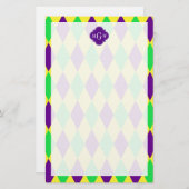 Lila Gelbgrünes Harlequin Purpur Quat 3 Monogramm Briefpapier (Vorne/Hinten)