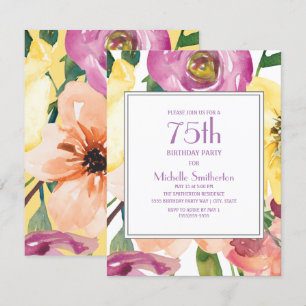 Lila Gelbrosa Aquarellfarben Floral 75. Geburtstag Einladung