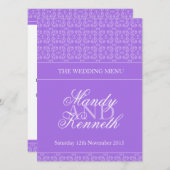 Lila gemustertes Hochzeitsmenü Menükarte (Vorne/Hinten)