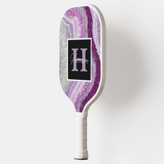 Lila Geode Agate Monogram Name anpassbar Pickleball Schläger (Links)