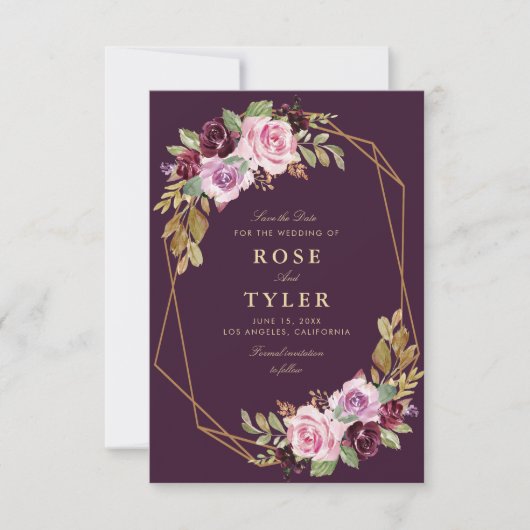 lila geometrische, florale Save the Date Karte (Vorderseite)