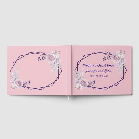 Lila geometrische Rahmenverheiratung mit rosa Peon Gästebuch (Voll)