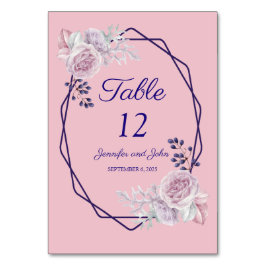 Lila geometrische Rahmenverheiratung mit rosa Peon Tischnummer