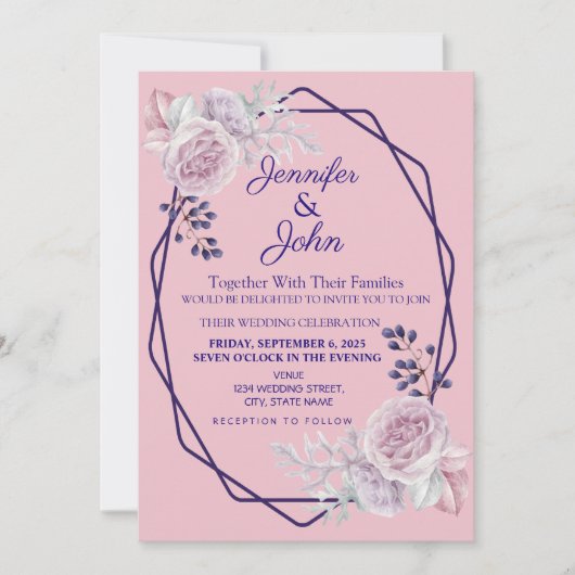 Lila geometrische RahmenWedelung mit florrosa Peon Einladung (Vorderseite)