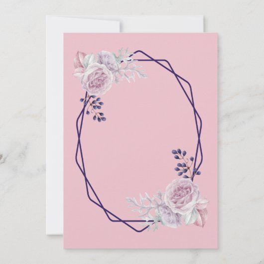 Lila geometrische RahmenWedelung mit florrosa Peon Einladung (Rückseite)