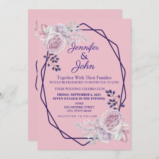 Lila geometrische RahmenWedelung mit florrosa Peon Einladung (Vorne/Hinten)