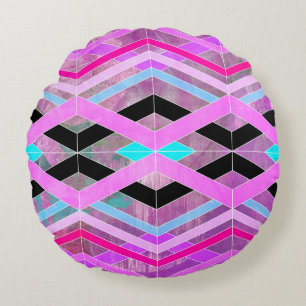 Lila geometrische Streifen in Rosa und Aqua Rundes Kissen