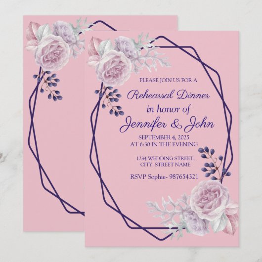 Lila geometrischer Rahmen für rosa Peonies Einladung (Vorne/Hinten)