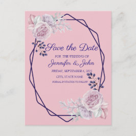 Lila geometrischer Rahmen für rosa Peonies Save th Ankündigungspostkarte