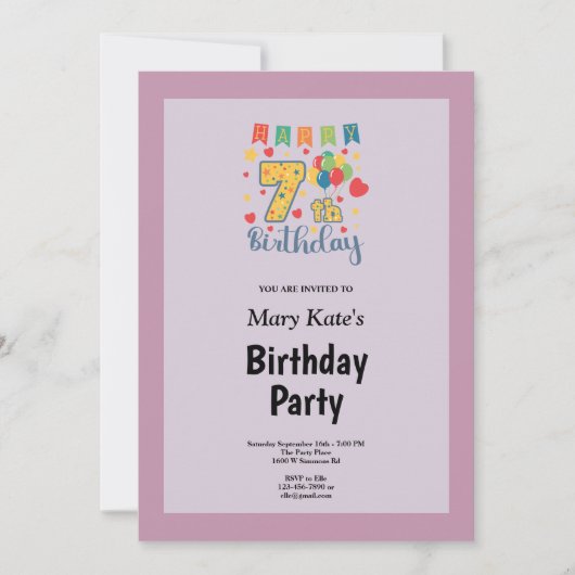Lila Gerahmte 7. Geburtstagsparty Einladung (Vorderseite)