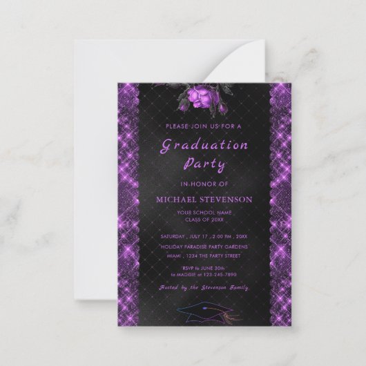 Lila Gerahmte Schwarze Abschluss-Einladung Mitteilungskarte (Vorderseite)