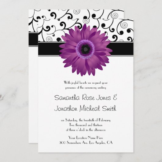 Lila Gerbera Daisy Black Scroll Design Hochzeit Einladung (Vorne/Hinten)