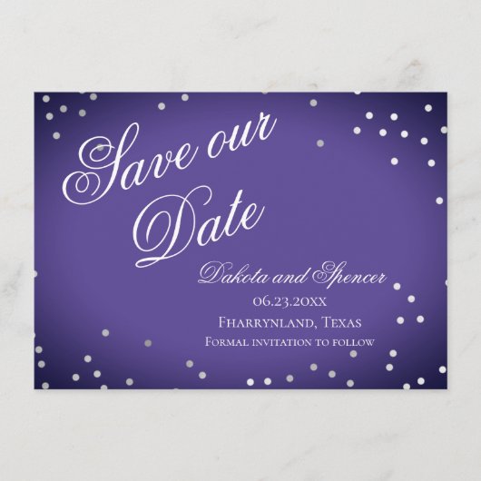 Lila Gerettet Datum | Chic Violet Silver Confetti Save The Date (Vorderseite)