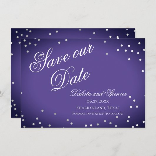 Lila Gerettet Datum | Chic Violet Silver Confetti Save The Date (Vorne/Hinten)
