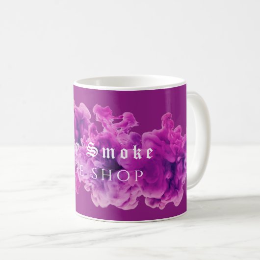 Lila Geschäft mit Rauchschutzverpackungen Kaffeetasse (VorderseiteRechts)