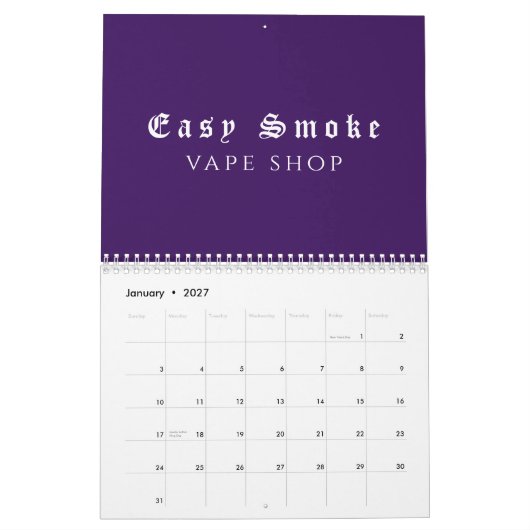 Lila Geschäft mit Rauchschutzverpackungen Kalender (Jan 2027)