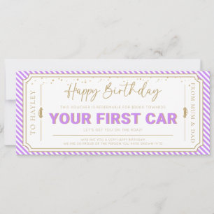 Lila Geschenkgutschein zum ersten Auto zum Geburts Einladung