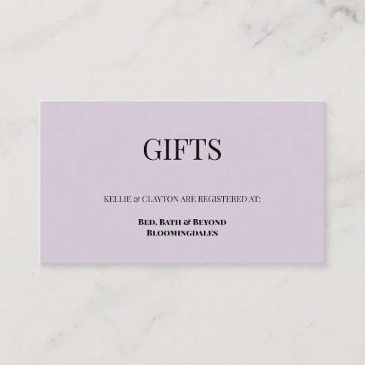 Lila Geschenkregisterkarte Begleitkarte (Vorderseite)