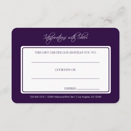 Lila Geschenkzertifikat "Grau Damask" und "Eggplan (Rückseite)