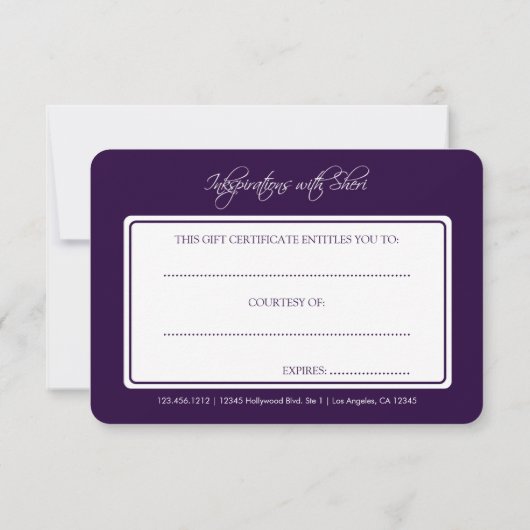 Lila Geschenkzertifikat "Grau Damask" und "Eggplan (Rückseite)