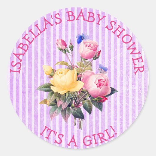 Lila gestreifte Babyaufkleber mit Blumenmuster Runder Aufkleber (Vorderseite)