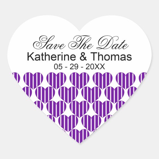 Lila gestreifte Herzen Save the Date Sticker (Vorderseite)