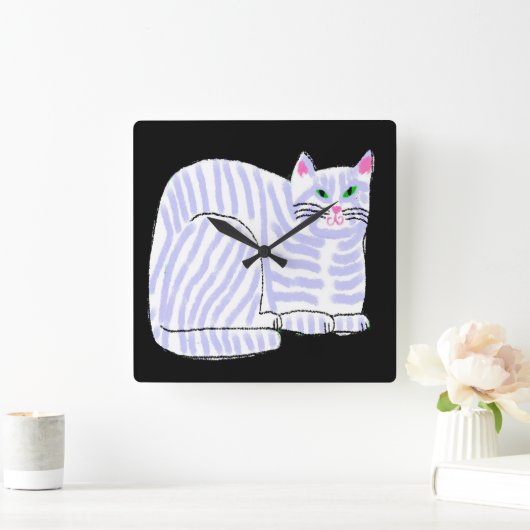 Lila gestreifte Katze Abstrakt Art Quadratische Wanduhr (Zuhause)