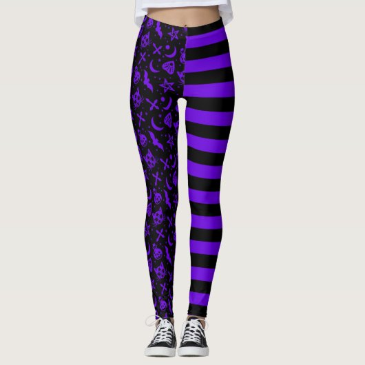 Lila gestreiftes Halloween-Spooky-Hexenkatze Leggings (Vorderseite)