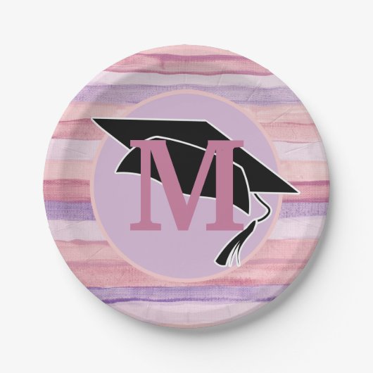 Lila gestrichelte Pink-Graduierungskappe Monogramm Pappteller (Vorderseite)