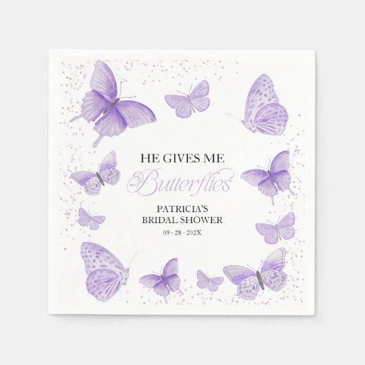 Lila gibt er mir Schmetterlinge Brautparty Serviette (Vorderseite)