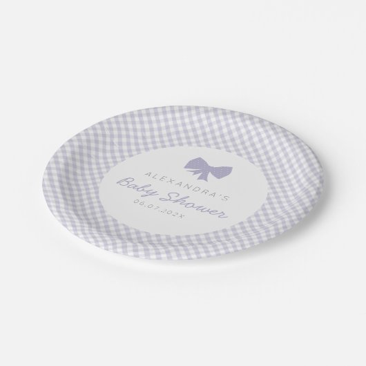 Lila Gingham-Bogen-Babydusche Pappteller (Schrägansicht)