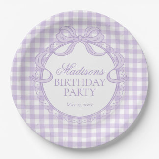 Lila Gingham Coquette Schleifen Geburtstagsfeier Pappteller
