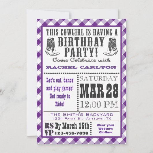 Lila Gingham Cowgirl - Geburtstagsfeier Einladung (Vorderseite)
