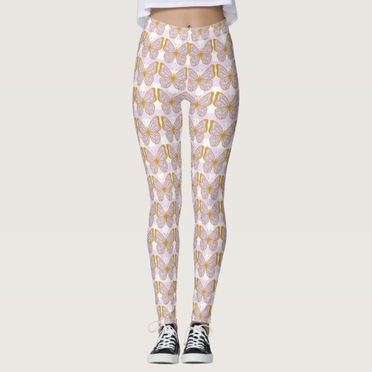 Lila Gingham Gold Butterfly Designer Leggings (Vorderseite)