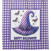 Lila Gingham Halloween Hexenhut & Fledermäuse Duschvorhang (Vorderseite)