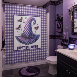 Lila Gingham Halloween Hexenhut & Fledermäuse Duschvorhang