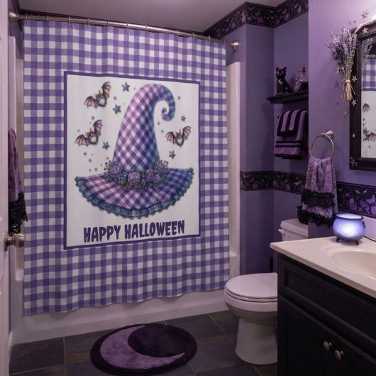 Lila Gingham Halloween Hexenhut & Fledermäuse Duschvorhang