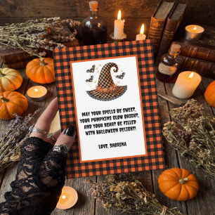 Lila Gingham-Halloween-Hexenhut & Fledermäuse Feiertagspostkarte