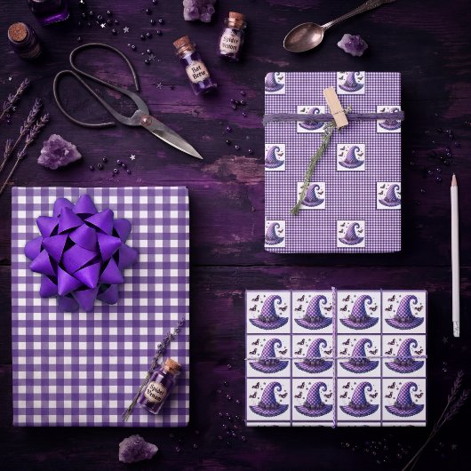 Lila Gingham Halloween Hexenhut & Fledermäuse Geschenkpapier Set