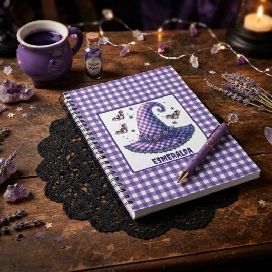 Lila Gingham Halloween-Hexenhut & Fledermäuse Notizblock